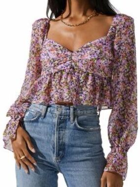 NEW ASTR Luann Lavender Floral Puff Sleeve Ruffle Peplum Crop Top Women’s XS